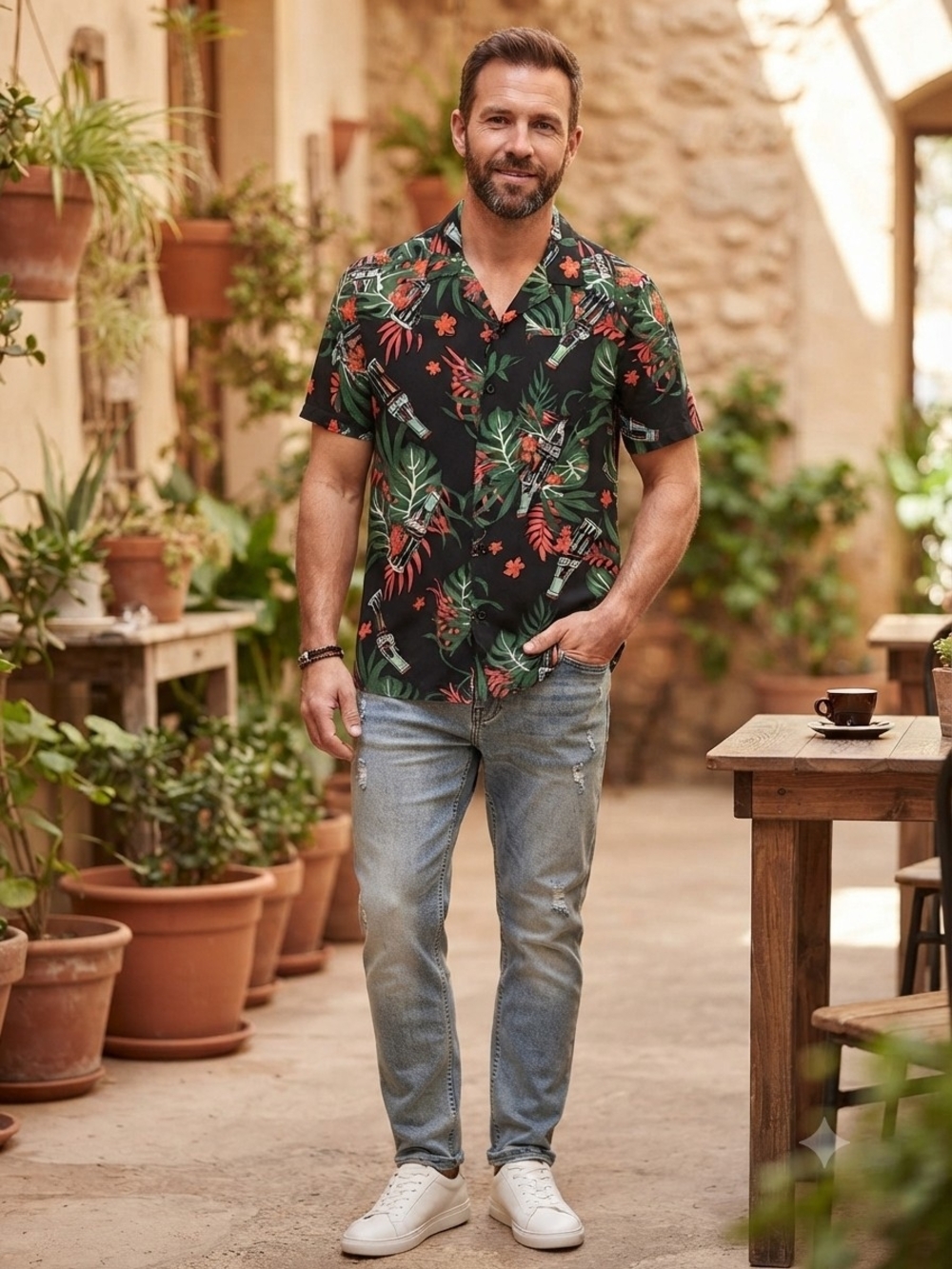 Coca Cola Black Tropical Print Short-Sleeve Button-Down Shirt